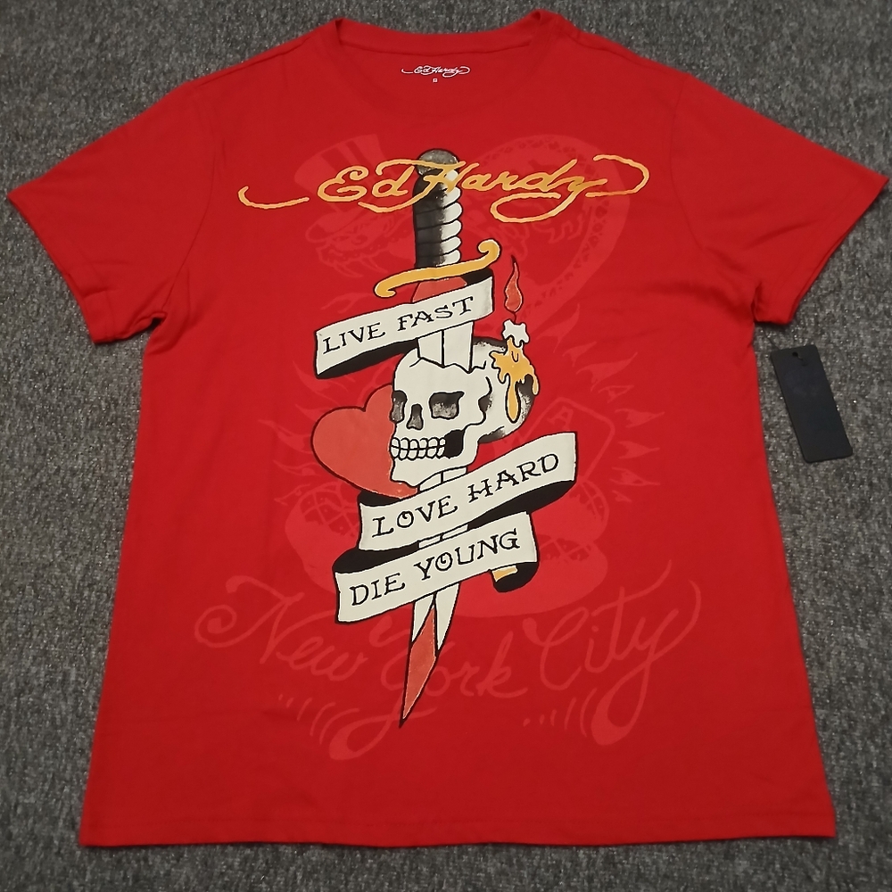 ED HARDY T-Shirt Mens Size Small Red Crew Neck Short Skull Knife NWT